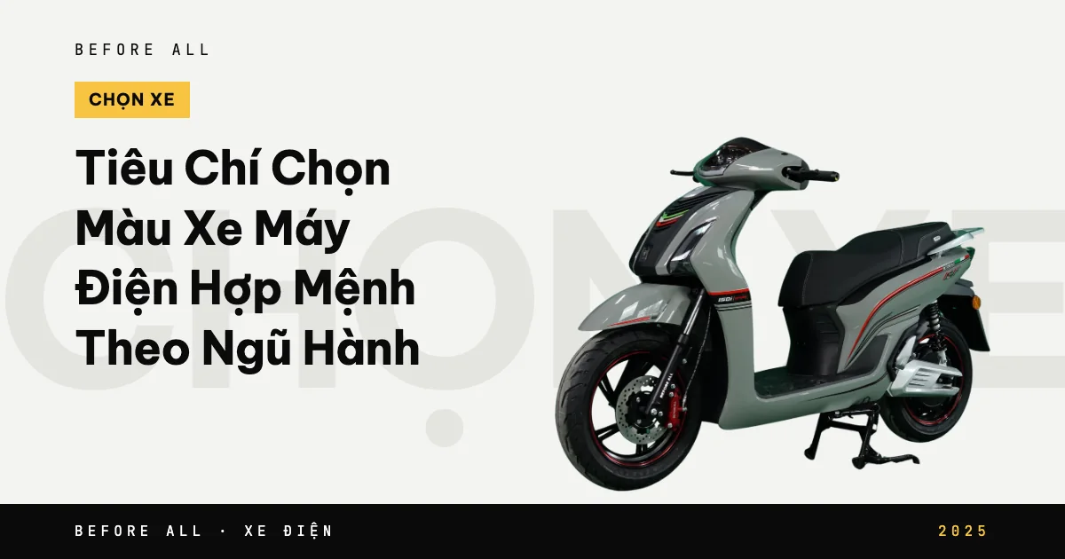 Ảnh bìa bài "Tiêu Chí Chọn Màu Xe Máy Điện Hợp Mệnh Theo Ngũ Hành" của Before All: mẫu xe cắt nền trên chữ lớn, năm 2025