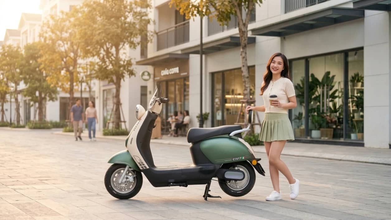 Cô gái cầm ly cà phê đứng cạnh Before All Civit màu xanh rêu phối be trên phố lúc hoàng hôn