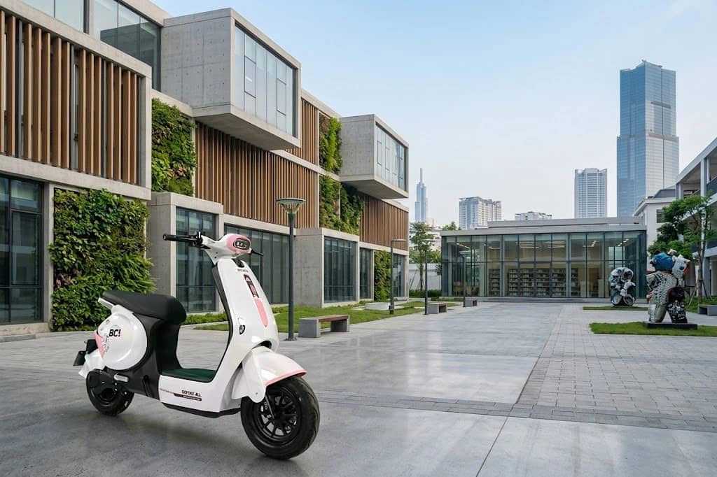 Xe đạp điện Before All BC1 màu trắng đỗ giữa sân một khu học xá hiện đại