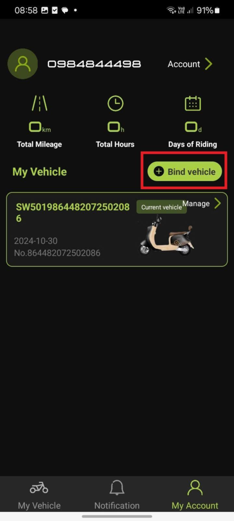 Nhấn vào Blind Vehicle để quét mã điều khiển xe