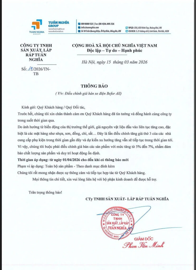 Thông báo tăng giá xe điện Before All